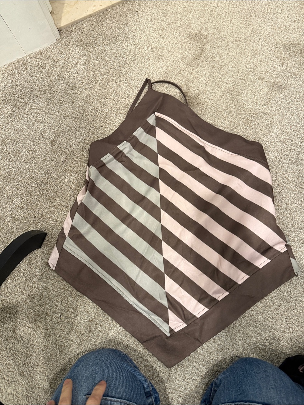 Striped Sleeveless Silk-Look off the shoulder Top in Brown, Blush & Sage